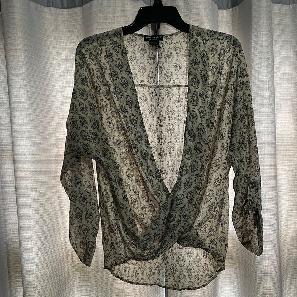 About A Girl Cream and Black Sheer Patterned Wrap Blouse